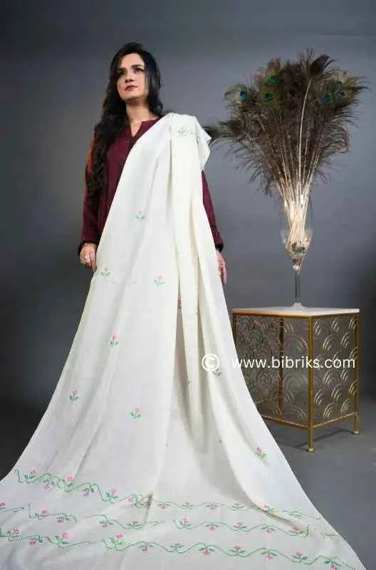 Lightweight Handloom Wool Shawl – Bela Flower Cross-Stitch Embroidery | Ethical & Elegant | Made in Swat