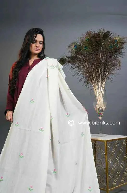 Lightweight Handloom Wool Shawl – Bela Flower Cross-Stitch Embroidery | Ethical & Elegant | Made in Swat
