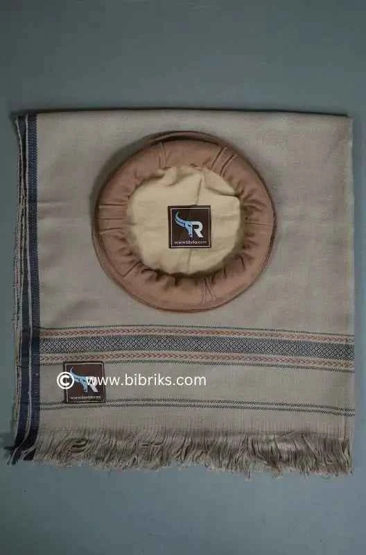Handmade Wool Shawl & Pakol Set for Boys (Ages 3–7) – Light Brown with Blue Border, Crafted in Swat