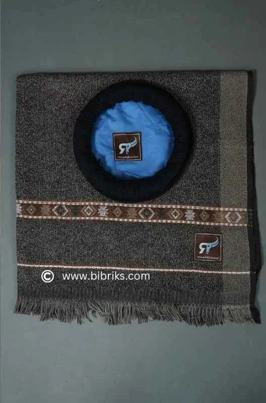 Handcrafted Wool Shawl & Pakol Set for Boys (Ages 3–7) – Black-Grey, Made in Swat