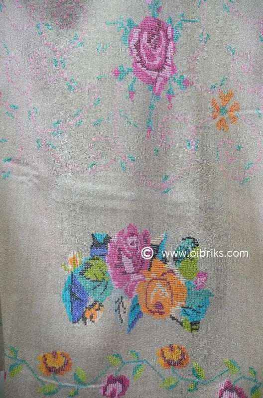 Luxury Handloom Cross-Stitch Wool Shawl – Floral Border & Net Embroidery | 300g | Handmade in Swat