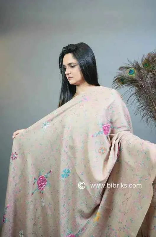 Luxury Handloom Cross-Stitch Wool Shawl – Floral Border & Net Embroidery | 300g | Handmade in Swat