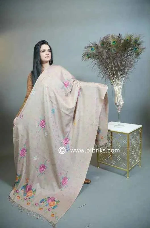 Luxury Handloom Cross-Stitch Wool Shawl – Floral Border & Net Embroidery | 300g | Handmade in Swat