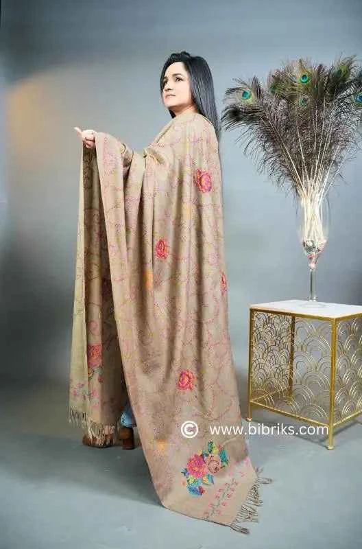 Luxury Handloom Cross-Stitch Wool Shawl – Floral Border & Net Embroidery | 300g | Handmade in Swat