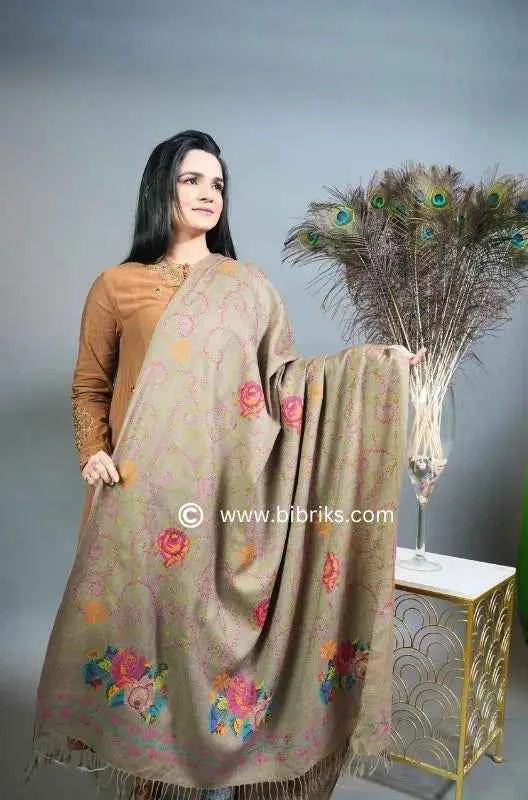 Luxury Handloom Cross-Stitch Wool Shawl – Floral Border & Net Embroidery | 300g | Handmade in Swat