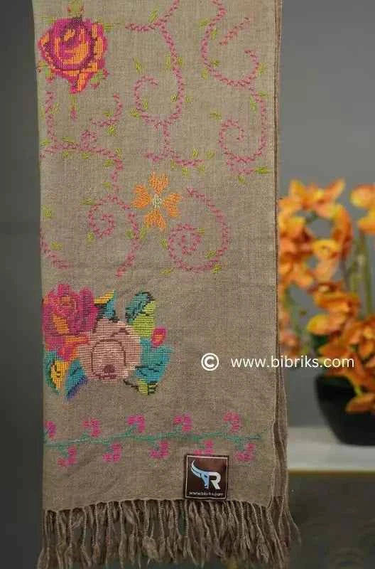 Luxury Handloom Cross-Stitch Wool Shawl – Floral Border & Net Embroidery | 300g | Handmade in Swat