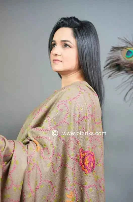 Luxury Handloom Cross-Stitch Wool Shawl – Floral Border & Net Embroidery | 300g | Handmade in Swat