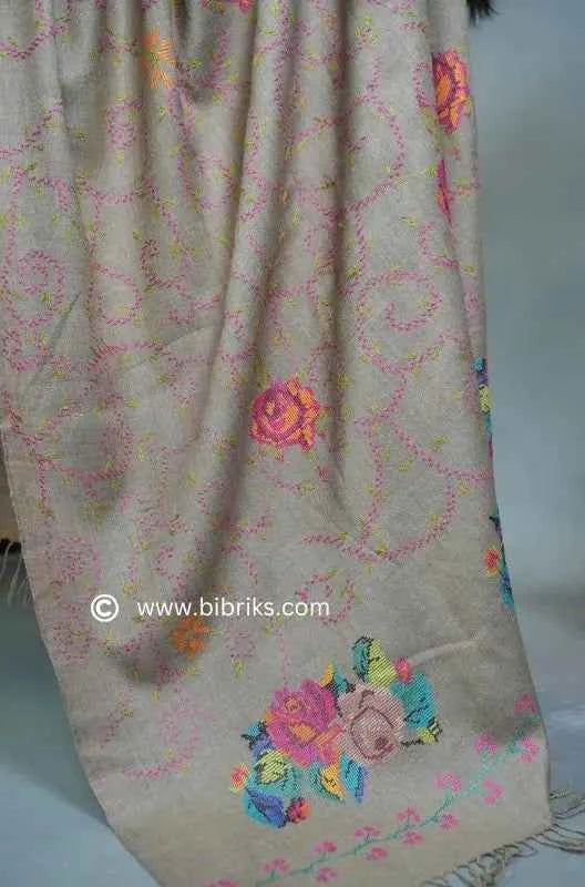 Luxury Handloom Cross-Stitch Wool Shawl – Floral Border & Net Embroidery | 300g | Handmade in Swat