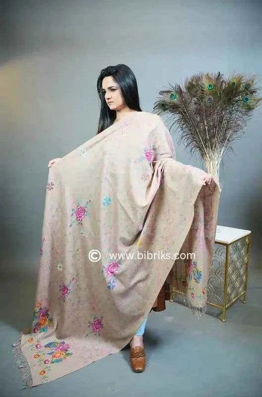 Luxury Handloom Cross-Stitch Wool Shawl – Floral Border & Net Embroidery | 300g | Handmade in Swat