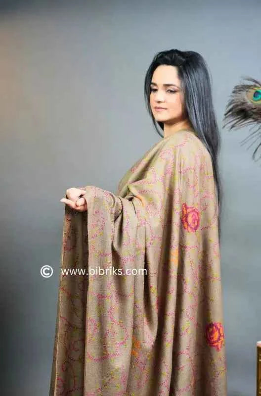 Luxury Handloom Cross-Stitch Wool Shawl – Floral Border & Net Embroidery | 300g | Handmade in Swat