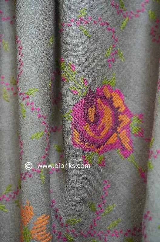 Luxury Handloom Cross-Stitch Wool Shawl – Floral Border & Net Embroidery | 300g | Handmade in Swat