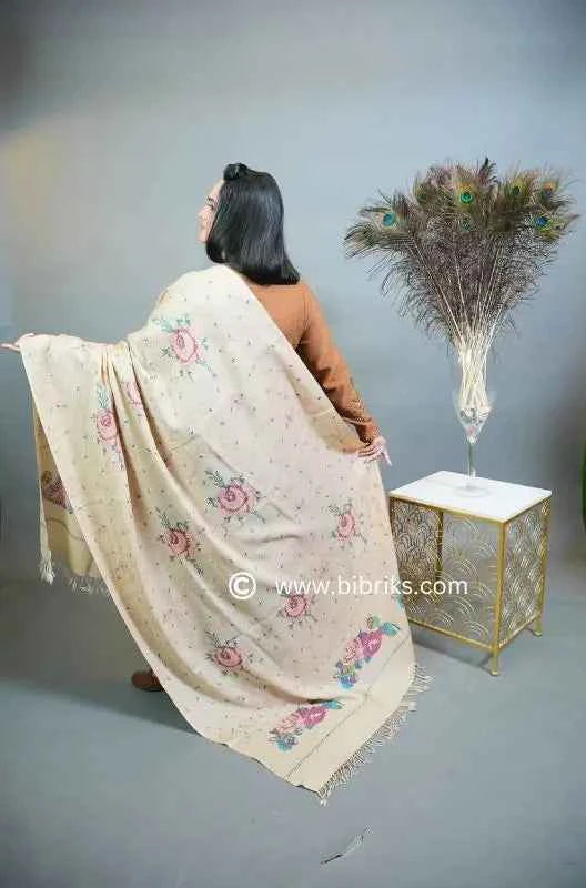 Luxury Handloom Cross-Stitch Wool Shawl – Floral Border & Net Embroidery | 300g | Handmade in Swat