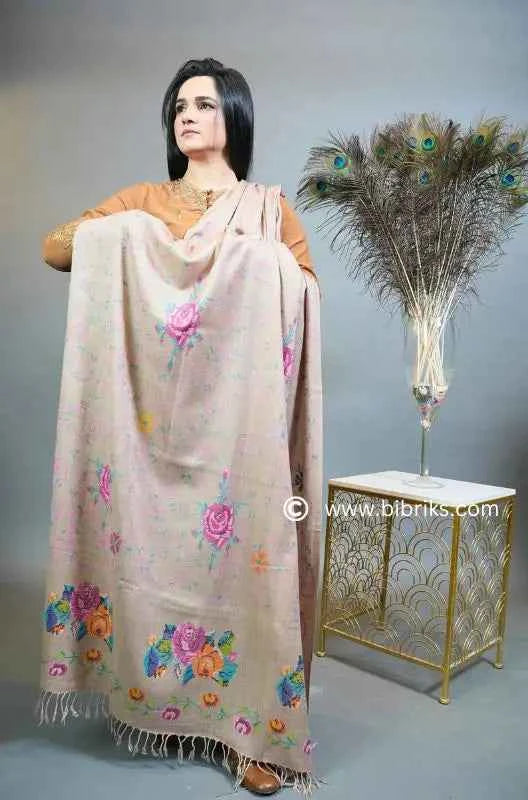 Luxury Handloom Cross-Stitch Wool Shawl – Floral Border & Net Embroidery | 300g | Handmade in Swat