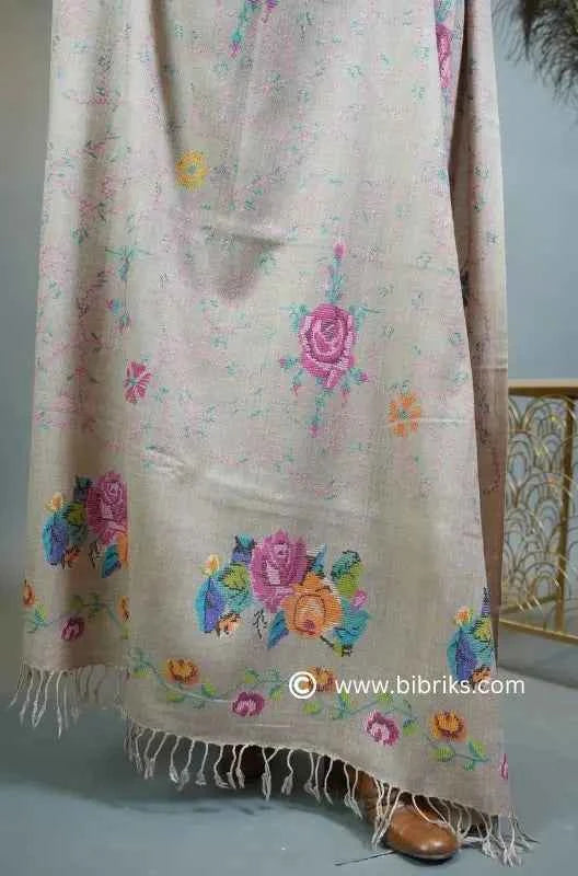 Luxury Handloom Cross-Stitch Wool Shawl – Floral Border & Net Embroidery | 300g | Handmade in Swat