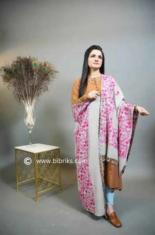 Embroidered Wool Shawl – All Side Border & Floral Patches | Handloom | Handmade in Swat