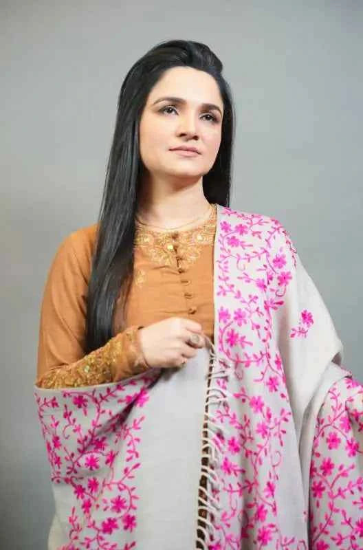 Embroidered Wool Shawl – All Side Border & Floral Patches | Handloom | Handmade in Swat