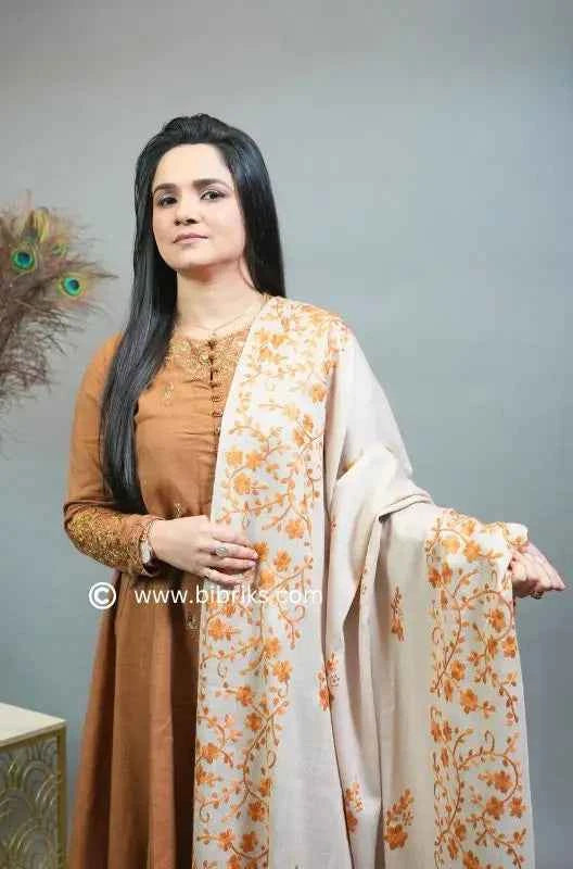 Embroidered Wool Shawl – All Side Border & Floral Patches | Handloom | Handmade in Swat
