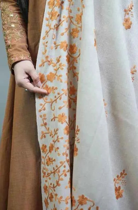 Embroidered Wool Shawl – All Side Border & Floral Patches | Handloom | Handmade in Swat
