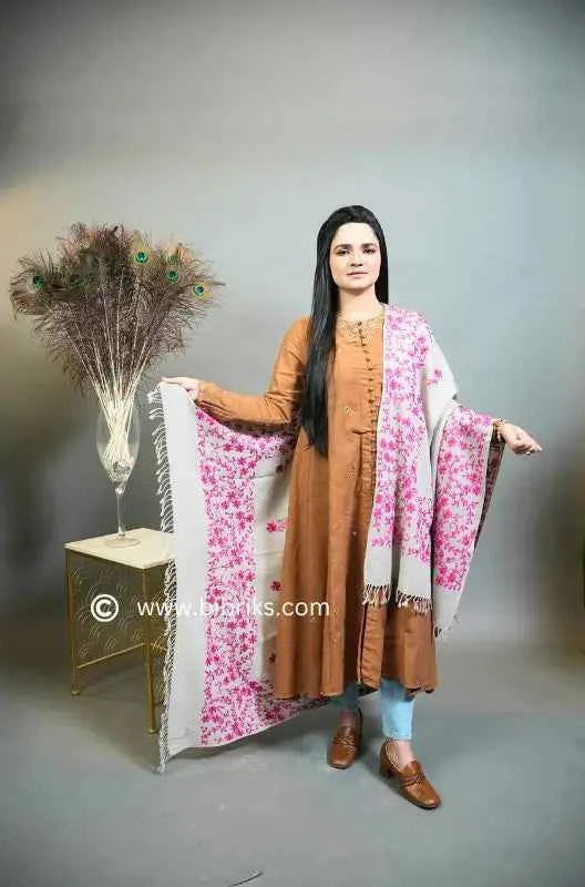 Embroidered Wool Shawl – All Side Border & Floral Patches | Handloom | Handmade in Swat