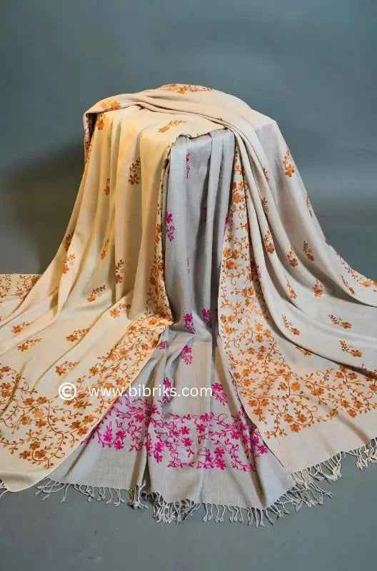 Embroidered Wool Shawl – All Side Border & Floral Patches | Handloom | Handmade in Swat