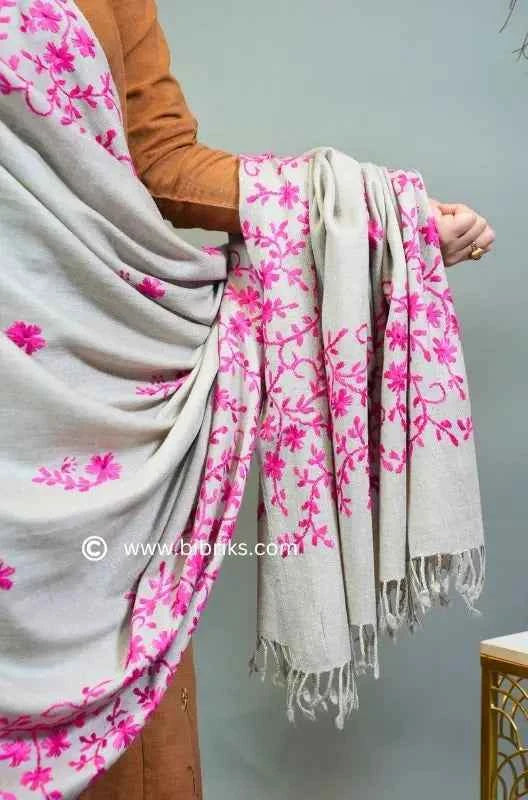 Embroidered Wool Shawl – All Side Border & Floral Patches | Handloom | Handmade in Swat