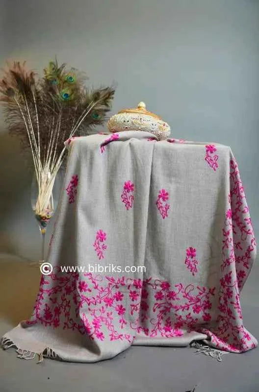 Embroidered Wool Shawl – All Side Border & Floral Patches | Handloom | Handmade in Swat