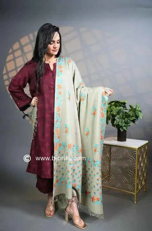 Floral Border Wool Shawl – Medium Embroidery | Handloom | Handmade in Swat