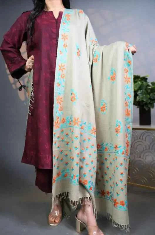 Floral Border Wool Shawl – Medium Embroidery | Handloom | Handmade in Swat