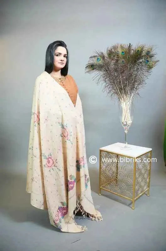 Luxury Handloom Cross-Stitch Wool Shawl – Floral Border & Net Embroidery | 300g | Handmade in Swat