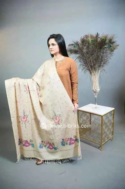 Luxury Handloom Cross-Stitch Wool Shawl – Floral Border & Net Embroidery | 300g | Handmade in Swat