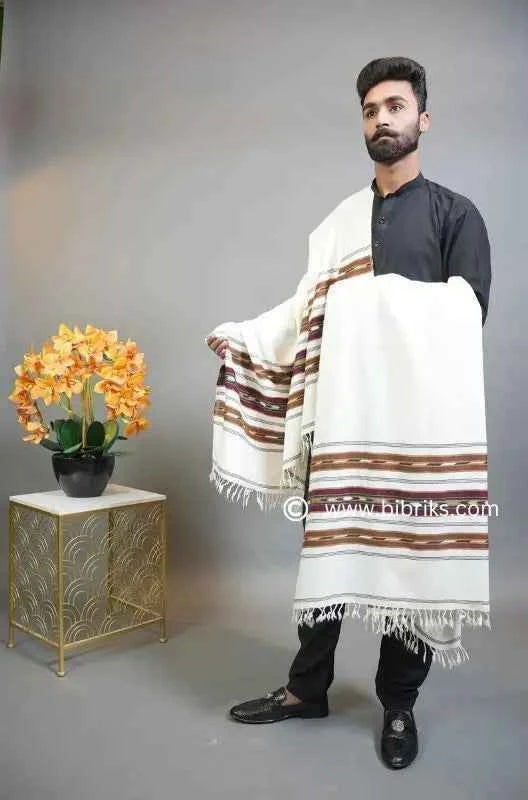 Three-Border Angora Wool Shawl - Luxurious Handcrafted Design | 4.5x9 ft | White